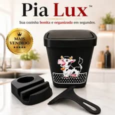 Kit Pia 3 Peças Organizador de Cozinha Porta Detergente + Porta Esponja + Rodinho + Lixeira Compacta