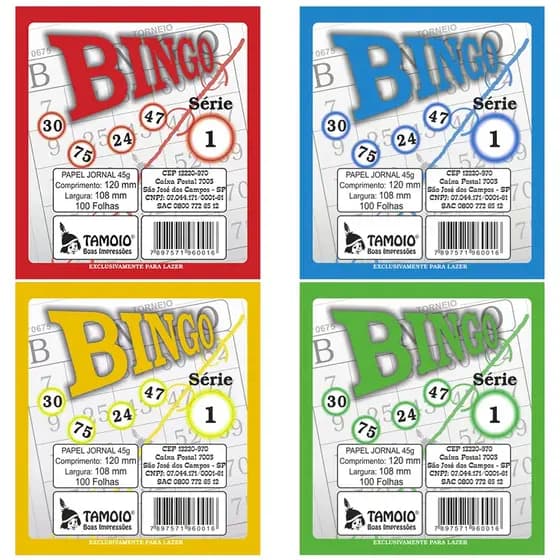 Cartela de Bingo Colorida  5 blocos com 100 Folhas Festa Tamoio