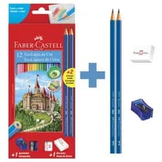 Kit Escolar Lápis de Cor Sextavado + 2 Lápis Max + Apontador + Borracha, Faber-Castell 12 Cores