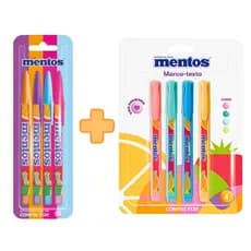 Kit Caneta Esferográfica Mentos + Marca Texto Mentos Com Cheirinho 4 Cores Pastel