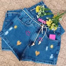 Short Jeans Feminino Cintura Alta Rasgado 100% Algodão Com Cordão
