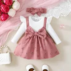 Vestido Para Bebê Menina 2 Peças 3-24 Meses Manga Comprida Rosa Flor Estampa Laço De Princesa Com Faixa De Cabeça Moda E