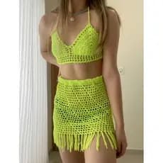 Conjunto Crochê Verão – Top Decote V + Saia com Franjas | Look Praia chic  Exclusivo Verão 2026 - look Carnaval