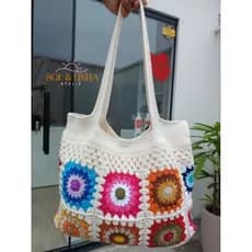 Bolsa colorida em Crochê - Bolsa de praia em crochê- Bolsa de Square, Bolsa de quadradinho em crochê -  Com forro