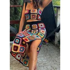 Saia mide de Crochê Feminina Colorida Artesanal Boho Chic Moda Praia Verão Estilo Festival