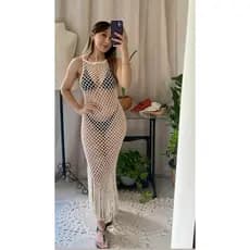 Saída de Praia em Crochê–Vestido Ponto Rede com Franja–Para Praia, Piscina, Resort 2026, moda praia em crochê