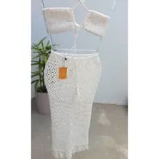 Conjunto Crochê Praia – Top Frente Única + Saia Longa com Franja –  Moda praia em crochê, réveillon, verão 2026