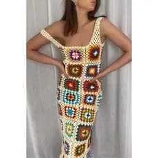 Vestido Midi de Crochê Colorido Boho Feminino – 100% feito à Mão, Estilo Praia, verão 2025, Vintage- vestido luxo