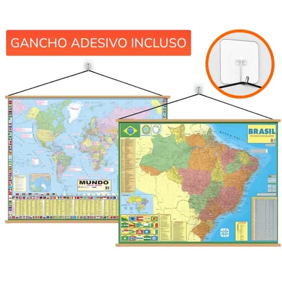 Mapa Brasil + Mundi  Banner Ed. 2026  + gancho autocolante Tamanho 120x90 cm