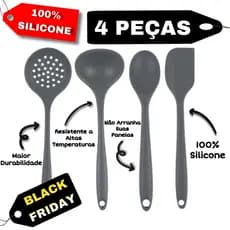 Kit Utensílios de Silicone para Cozinha Concha, Colher Escumadeira Cinza 4 Peças