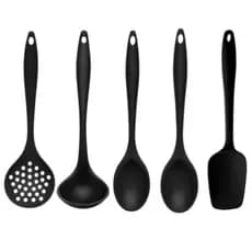 Kit Utensílios De Silicone  5 Peças Espátula Colher Escumadeira Concha Cozinha Preto