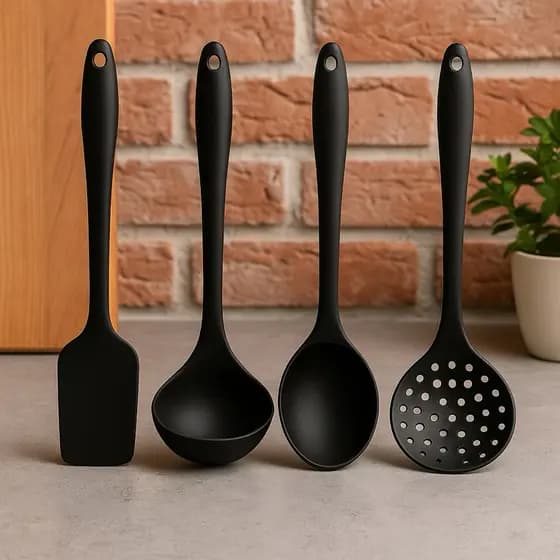 Kit Completo Jogo de Cozinha Utensílios de Silicone Para Cozinha Talheres de Silicone Preto