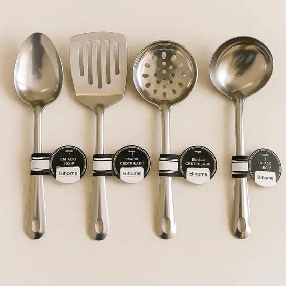 Utensilios para Cozinha INOX 4pçs Espatula Escumadeira Colher de Arroz Concha