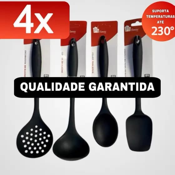 Kit Utensílios de Silicone Para Cozinha 4 Peças Preto