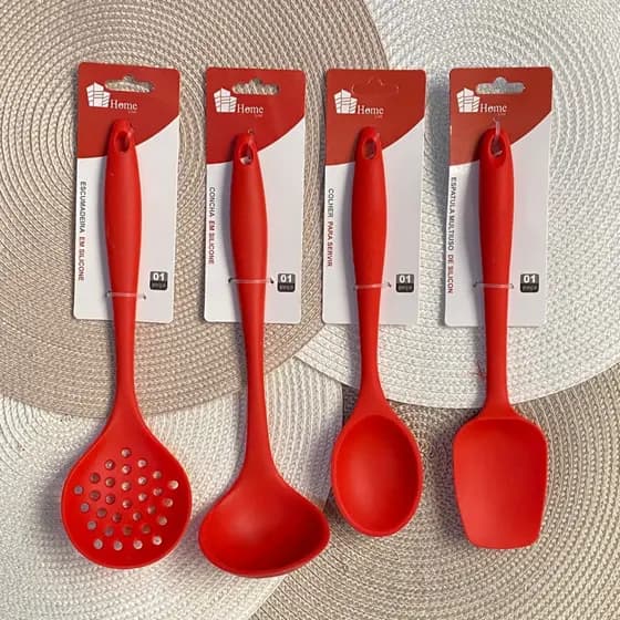 Kit 4 Peças Jogo De Utensílios conjunto culinário Cozinha Em Silicone Servir Colher Concha