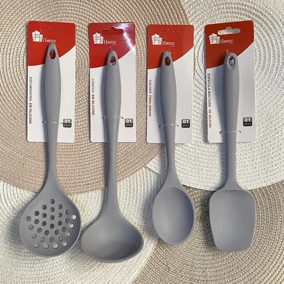 Jogo Utensílios de Silicone Para Cozinha Cinza Talher Silicone