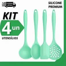 Kit Utensílios de Silicone para Cozinha Concha Colher Escumadeira Verde Água 4 Peças