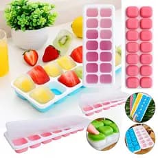 Kit 4 Formas de Gelo Silicone Retangular Coloridas com Tampa 14 Cubos Reutilizável Flexível Lavável