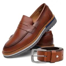 Sapato Mocassim E Cinto Masculino Em Couro Resistente