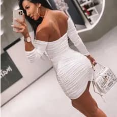 Vestido Ombro a Ombro Ciganinha Colado Suplex Manga Longa Inverno Modela o Corpo