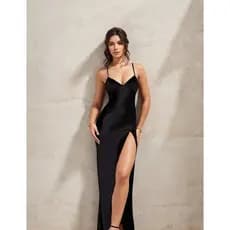 Vestido feminino elegante de cetim longo de alça fina para festas com fenda lateral festas e eventos balada