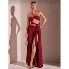 Vestido feminino longo com fenda na perna com bojo amarração no pescoço com decote fashion 2025  duplo frontal na frente