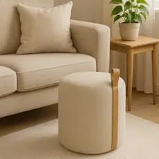 Puff Redondo Com Alça de Courino Decorativo Para Sala e Quarto Linho Bege Envio Rápido
