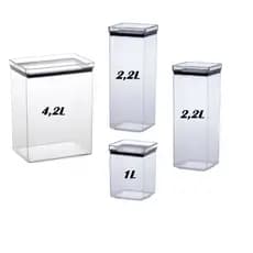 Kit 04 Potes Porta Mantimentos herméticos Quadrado 4,2L 2,2L e 1L Para Espaguete Arroz Açúcar Sal Café Feijão Promoção