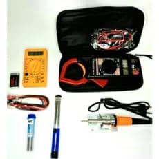 KIT ALICATE AMPERÍMETRO + FERRO SOLDA 60w 110 + MULTÍMETRO + SUGADOR + ESTANHO