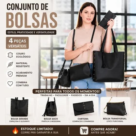 4 Bolsas Feminina Sacola Saquinho Bau e Carteira GetShow Temos Caramelo Branco Preto Rose Kit Bolsa