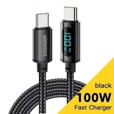 Cabo Essager Turbo Tipo-C para Tipo-C, 100W c/ 1 Metro de comprimento, com Visor de Voltagem