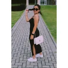 Vestido Midi Canelado Alcinha Com Fendas Super Promoção