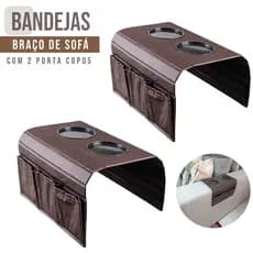 Suporte para Braço de Sofá Porta Copos Sala Controle Bandeja Corino Marrom costurada Flexível