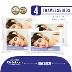 Kit 4 Travesseiros flocos Firmes Ortobom Espuma Flocada 60X40cm