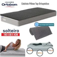Colchão Pillow Top Ortobom Solteiro Casca de ovo Espuma Ortopédico Anti Escara colchonete 190x80x4CM