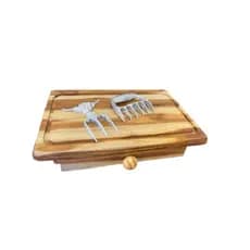 Kit Tabua De Carnes Churrasco C/ Bandeja Alumínio Desfiador de Carne Garra de Urso e Garfo Touro