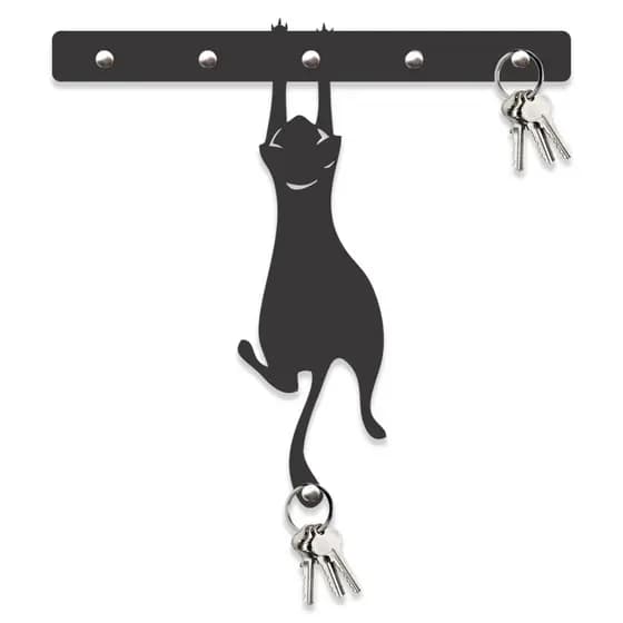 Porta Chaves Gato Pendurado em Mdf Vazado de 3mm Preto Fosco