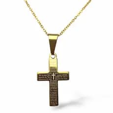 Kit Colar Corrente Cordão Mulher Masculino Dourado Mais Crucifixo Bordas Quadradas Dourada Com Prece Do Pai Celestial