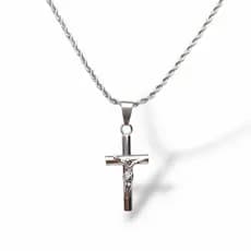 Corrente Prateada Baiano Cordão Trançado Pingente Crucifixo Cubo Aço Inoxidavel Kit Cruz Cristã