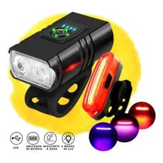 Kit Farol E Lanterna Traseira Bike 3 Cores Led Cree T6 Usb Recarregável Preto
