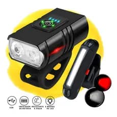 Kit Farol E Lanterna Traseira Bike 2 Cores Branco Vermelho Led Cree T6 Usb Recarregável Preto