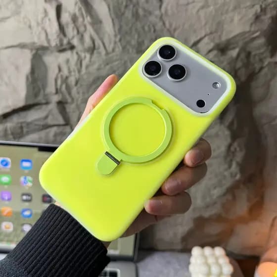 Nova Capa Magnética De Silicone Verde Fluorescente Gelatinosa Com Suporte Embutido Para IPhone 13 14 15 16 17 Pro Max