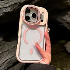Premium Redondo Lente Capa Suporte Caso Transparente Para iPhone 17 Ar 11 16 15 14 Plus 13 12 Pro Max Rosa Magnético À P