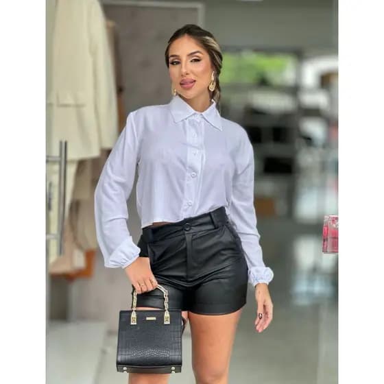 Camisa Cropped Feminina Manga Longa Casual Elegante Social Básica