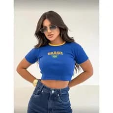 Cropped Top Brasil Blusinha Feminina Copa Manga Curta Canelado