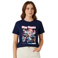 Camiseta Confortável Estampada Stay Happy Estilosa Casual Para Dia Dia