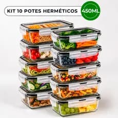 Kit 10 5 Potes Hermético Marmita Vidro Tampa Plástico Com Trava 450ml Pequeno Retangular