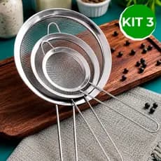 Kit Peneiras Coador Aço Inox Cozinha 3 Tamanhos Utensilio Inoxidável Pequeno Médio Grande 8 10 12 CM