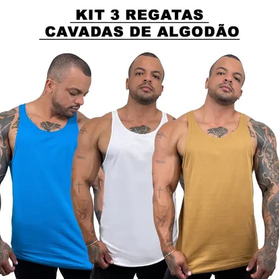 Kit 3 Regatas Masculina Cavadas Azul Turquesa + Branco + Cores Nadador Algodão Lisa Básica - Bombey