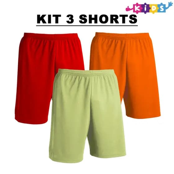 Kit com 3 Bermudas Vermelho + Laranja + Infantil Shorts Calção Dry Poliéster Liso